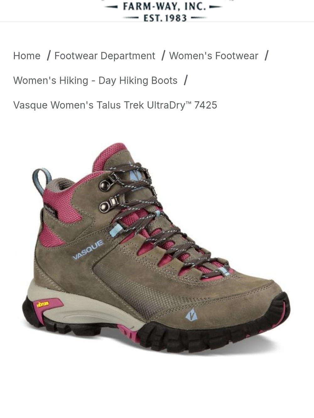 Vasque Women's Talus Trek UltraDry Hiking Boot - Gray/Pink Size 8